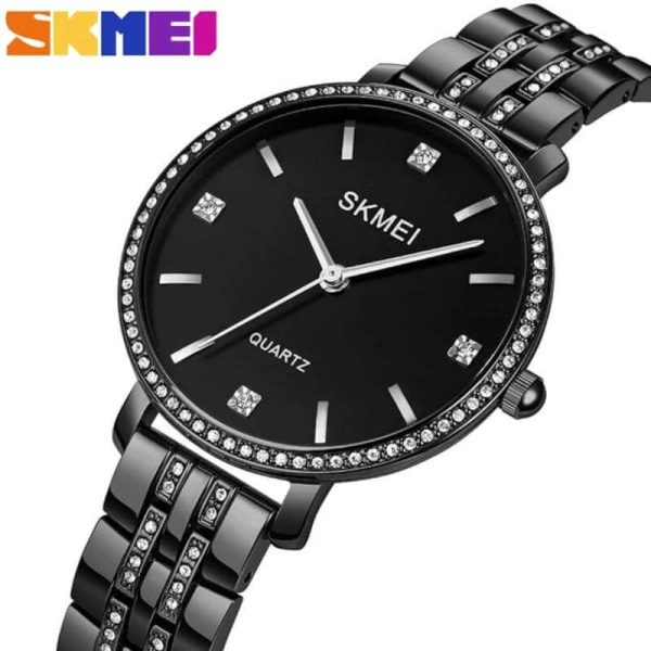 SKMEI 2006 Women's Fashion Rhinestone Surrounded Stainless Steel Watch  - Black