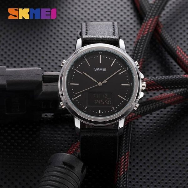 Skmei 1652 Men's Casual Dual Movement LED Light Display Leather Strap Wristwatch - Black/Silver - Image 2