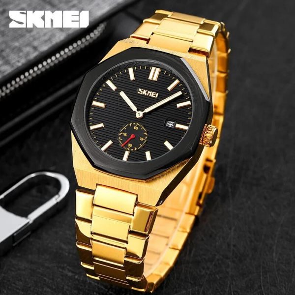 SKMEI 9262 Men's Classic Stainless Steel Luminous Date Display Quartz  Watch - Black/Golden - Image 2