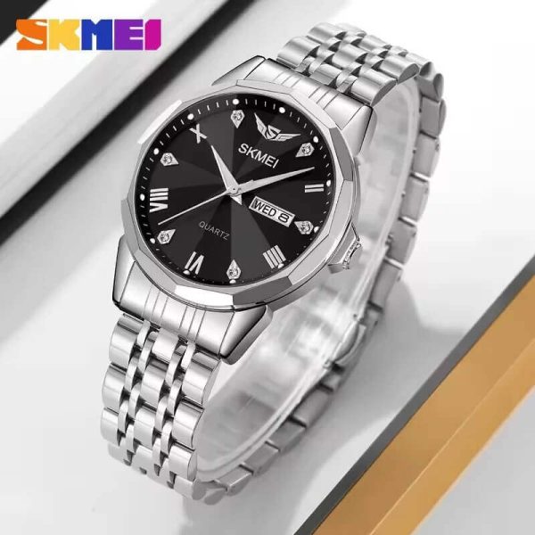 SKMEI 2291 Elegant Fashion Simple Dial Date Week Display Stainless Steel Watch For Men - Black/Silver - Image 2