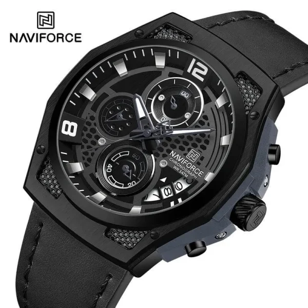 NaviForce NF8051 Men's Fashion Multifunction Chronograph Date Dispaly Leather Strap Watch - Black