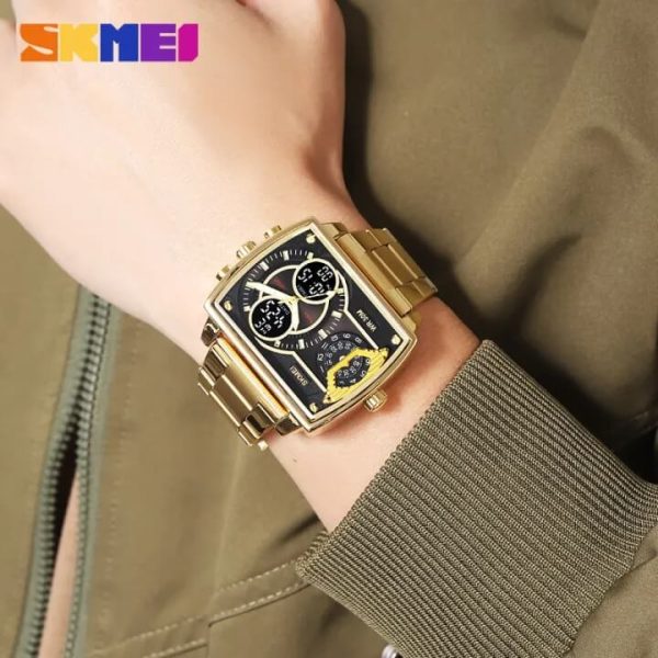 SKMEI 2229 Square Shape Dual Movement Multifunctional Stainless Steel Watch For Men - Black/Golden - Image 2