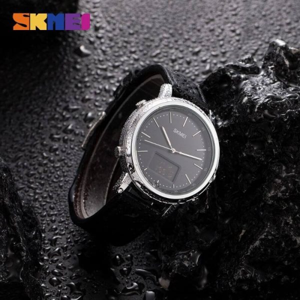 Skmei 1652 Men's Casual Dual Movement LED Light Display Leather Strap Wristwatch - Black/Silver - Image 3