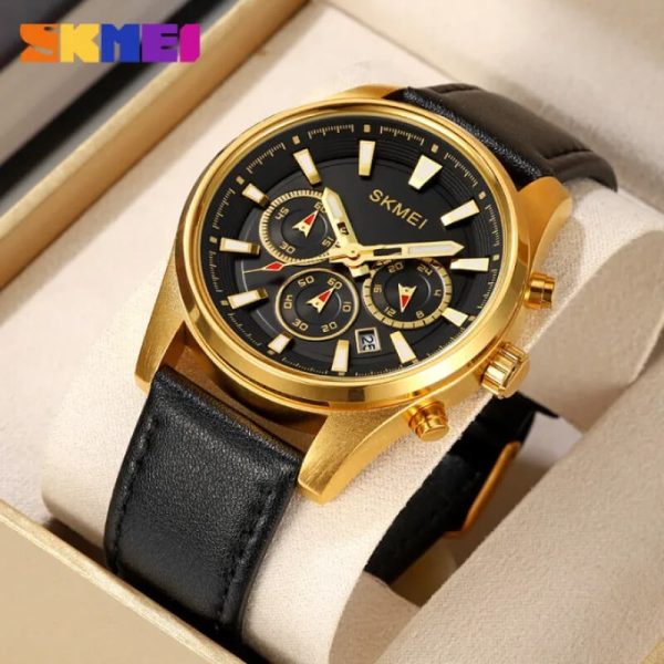 SKMEI 1958 Business Casual Multifunction Leather Strap Date Display Watch For Men - Yellow/Black - Image 2