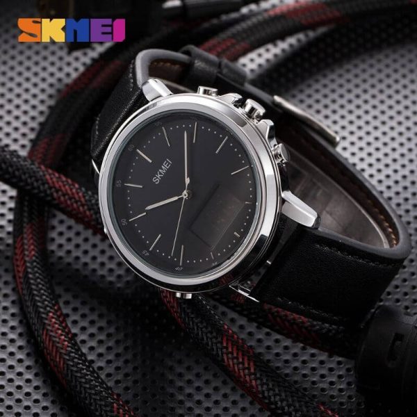 Skmei 1652 Men's Casual Dual Movement LED Light Display Leather Strap Wristwatch - Black/Silver - Image 4