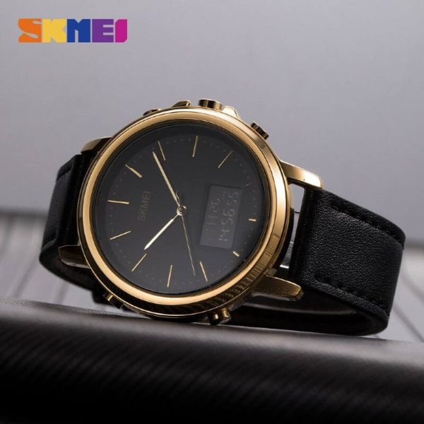 Skmei 1652 Men's Casual Dual Movement LED Light Display Leather Strap Wristwatch - Black/Gold - Image 4