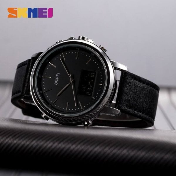 Skmei 1652 Men's Casual Dual Movement LED Light Display Leather Strap Wristwatch - Black/Silver - Image 5