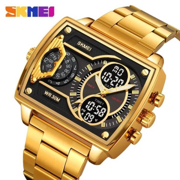 SKMEI 2229 Square Shape Dual Movement Multifunctional Stainless Steel Watch For Men - Black/Golden