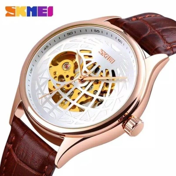 SKMEI 9209 Men's Automatic Hollowing Mechanical Fashion Business Leather Strap Watch - Brown/White