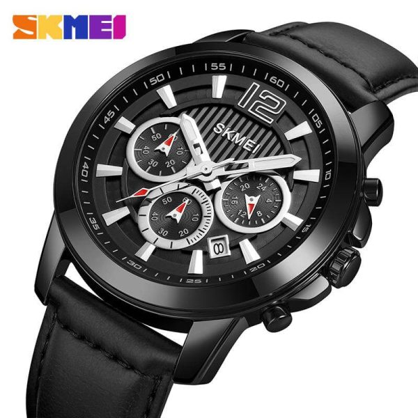 SKMEI 1989 Men's Business Chronograph Date Display Leather Strap Casual Quartz Watch - Black