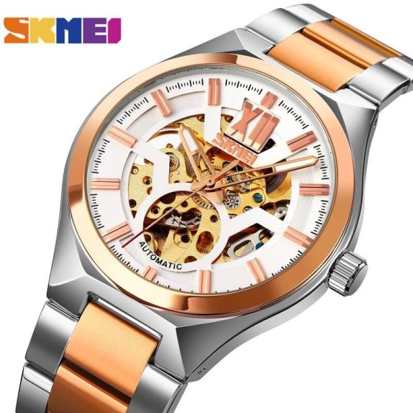 Skmei 9258 Fashion Mechanical Hollow Dial Luxury Stainless Steel Automatic Luminous Watch - White/RoseGold