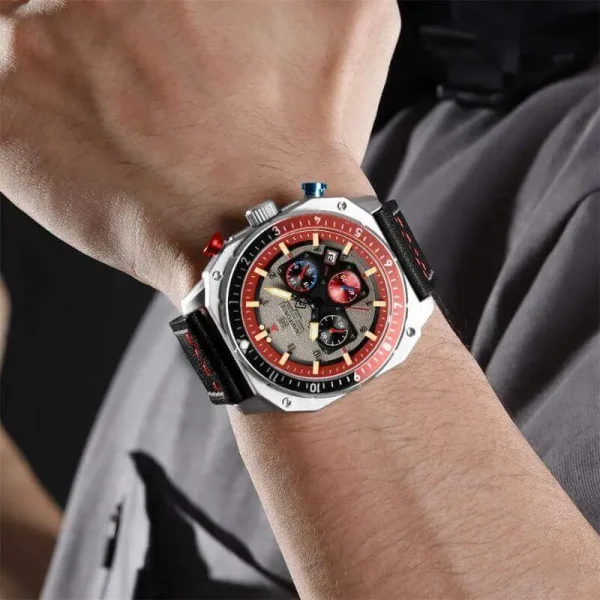 NF8057 Men's Fashion Retro Multielement Digital Analog Leather Strap Watch - Red/Silver - Image 2