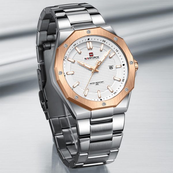 NAVIFORCE NF9200 Men's Quartz Polygon Vogue Stainless Steel Date Function Watch - Rosegold/Silver - Image 3