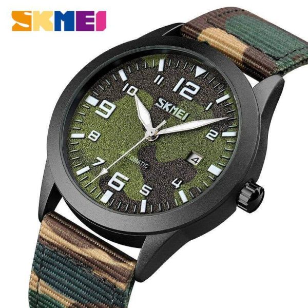 SKMEI 9246 Men's Automatic Mechanical Hollow Dial Luminous Nylon Strap Date Display Watch - Camouflage Green