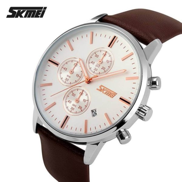 SKMEI 9103 Men's Classic Casual Chronograph Leather Strap Multifunction Date Indicator Quartz Watch - Brown/Silver