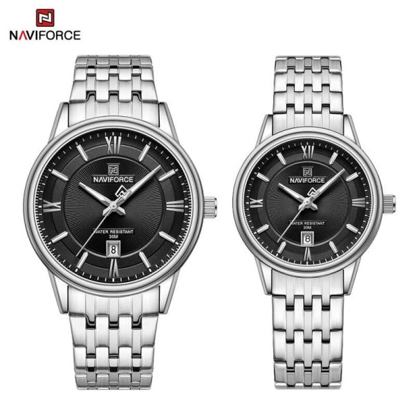 NaviForce NF8040 Classic Luxury Quartz Date Display Stainless Steel Watch For Couple - Black/Silver