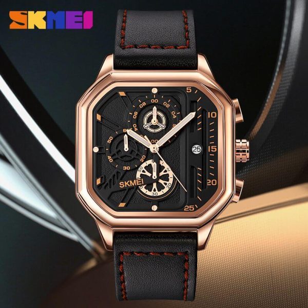 SKMEI 1963 Men's Fashion Multifunction Chronograph Square Dial Date Display Leather Strap Watch - Rosegold/Black - Image 2