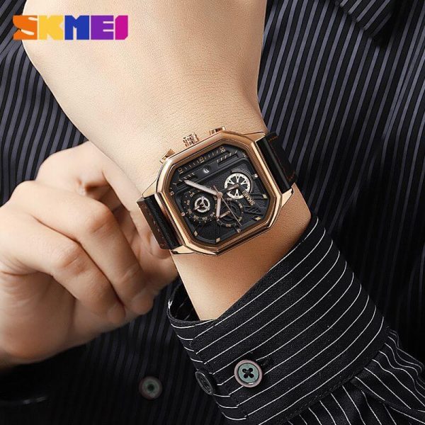 SKMEI 1963 Men's Fashion Multifunction Chronograph Square Dial Date Display Leather Strap Watch - Rosegold/Black - Image 3