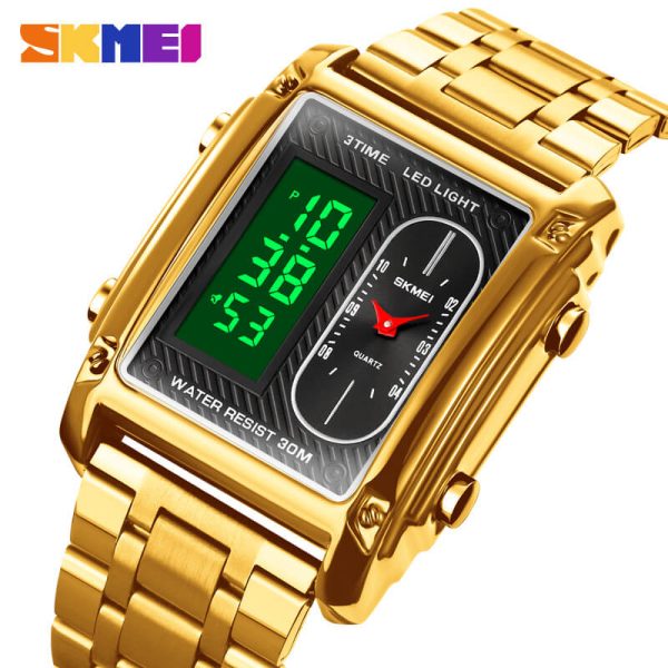 SKMEI 1868 Casual Rectangle Dial Digital Analog Luminous Stainless Steel Stopwatch For Men - Golden