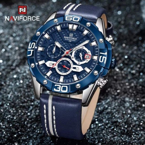 NAVIFORCE NF8019 Men's Multifunction Luminous Chronograph Leather Strap Quartz Watch - Blue/Silver - Image 2