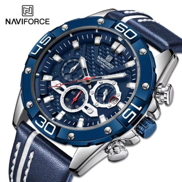 NAVIFORCE NF8019 Men's Multifunction Luminous Chronograph Leather Strap Quartz Watch - Blue/Silver