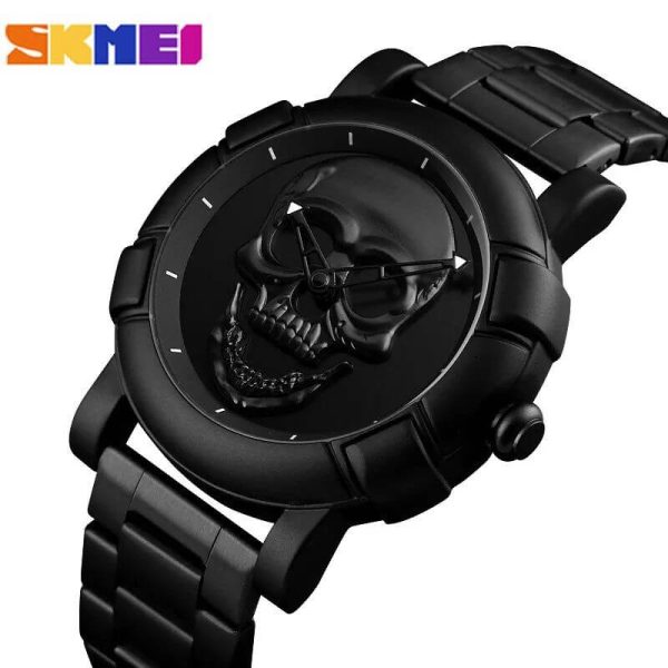 SKMEI 9178 Men Fashion Skull Creative Stainless Steel Quartz Wristwatch - Black