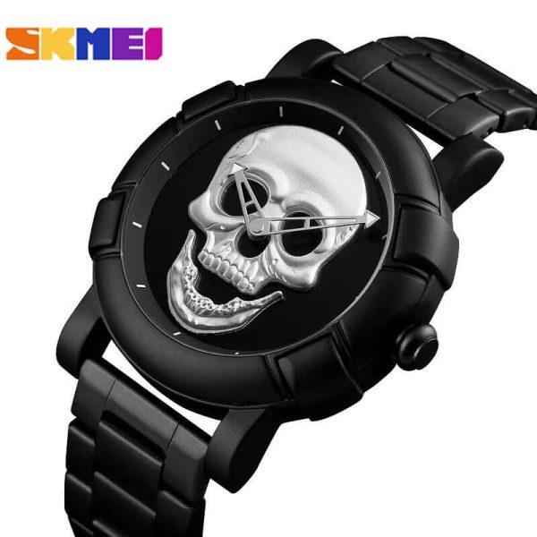 SKMEI 9178 Men Fashion Skull Creative Stainless Steel Quartz Wristwatch - Black/White