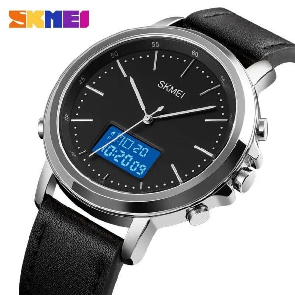 Skmei 1652 Men's Casual Dual Movement LED Light Display Leather Strap Wristwatch - Black/Silver