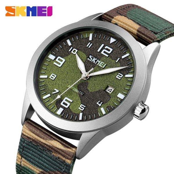 SKMEI 9246 Men's Automatic Mechanical Hollow Dial Luminous Nylon Strap Date Display Watch - Camouflage Green/Silver