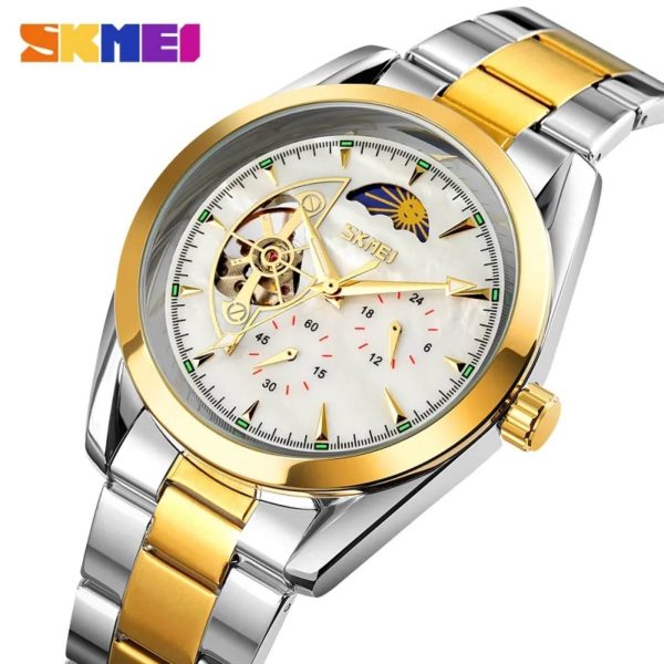 SKMEI 9237 Luxury Automatic Moon Phase Mechanical Stainless Steel Quartz Watch For Men - Golden /Silver