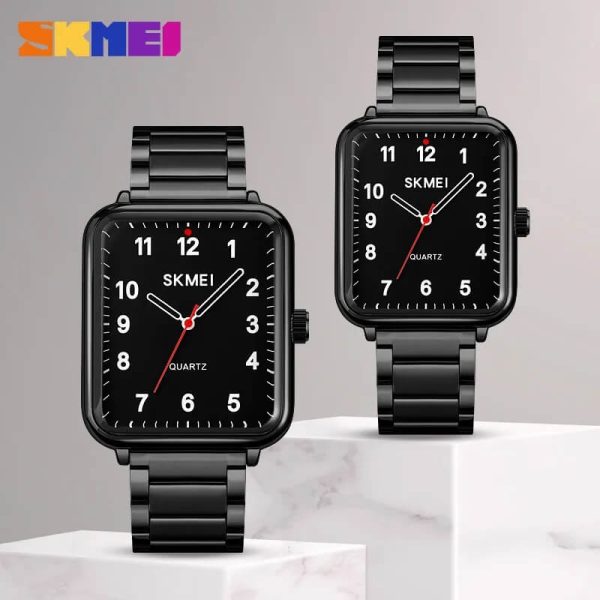 SKMEI 1954 1955 Casual Elegant Rectangle Dial Shape Stainless Steel Couple Quartz Watch - Black - Image 2