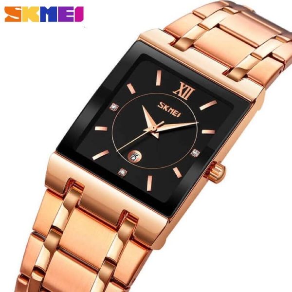 SKMEI 9263 Luxury Rectangle Shape Date Display Stainless Steel Quartz Watch For Men  - Black/Rosegold