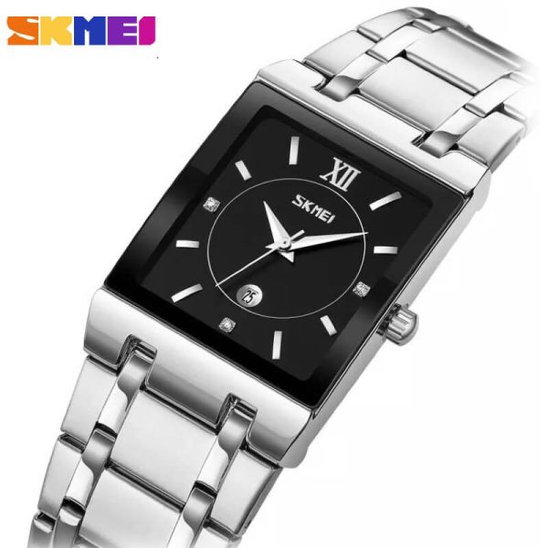 SKMEI 9263 Luxury Rectangle Shape Date Display Stainless Steel Quartz Watch For Men  - Silver/Black