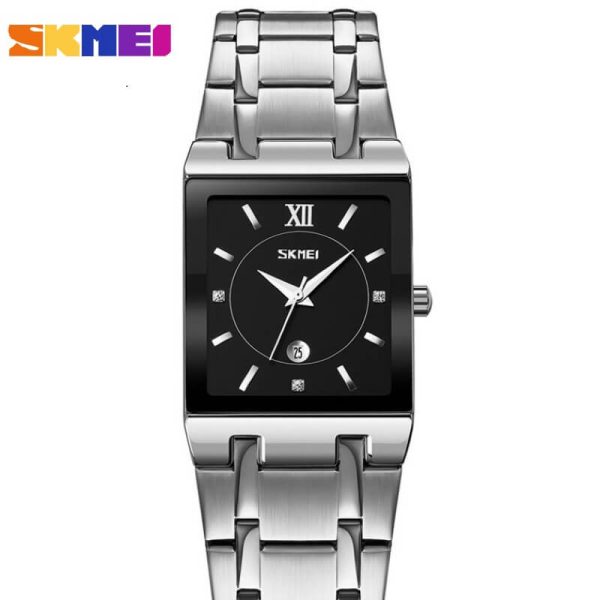 SKMEI 9263 Luxury Rectangle Shape Date Display Stainless Steel Quartz Watch For Men  - Silver/Black - Image 2