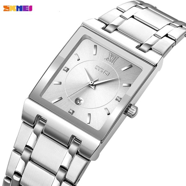 SKMEI 9263 Luxury Rectangle Shape Date Display Stainless Steel Quartz Watch For Men  - Silver