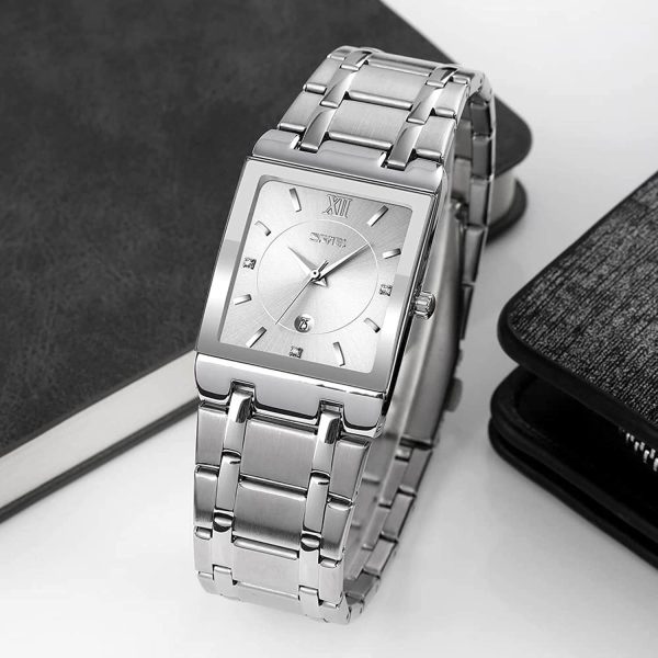 SKMEI 9263 Luxury Rectangle Shape Date Display Stainless Steel Quartz Watch For Men  - Silver - Image 2