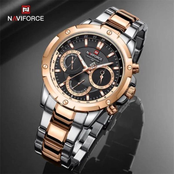 NAVIFORCE NF9196 Men's Quartz Stainless Steel Chronograph Complete Calendar Wristwatch - Black/Rosegold - Image 2