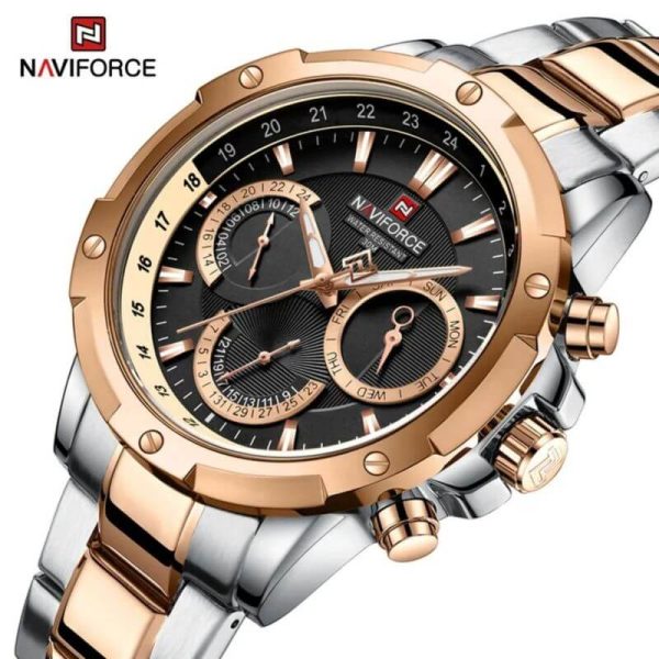 NAVIFORCE NF9196 Men's Quartz Stainless Steel Chronograph Complete Calendar Wristwatch - Black/Rosegold