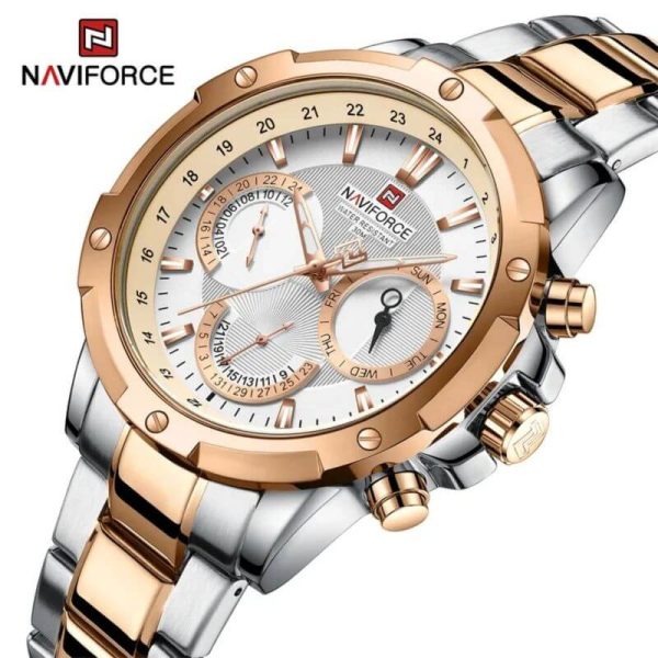 NAVIFORCE NF9196 Men's Quartz Stainless Steel Chronograph Complete Calendar Wristwatch - White/Rosegold