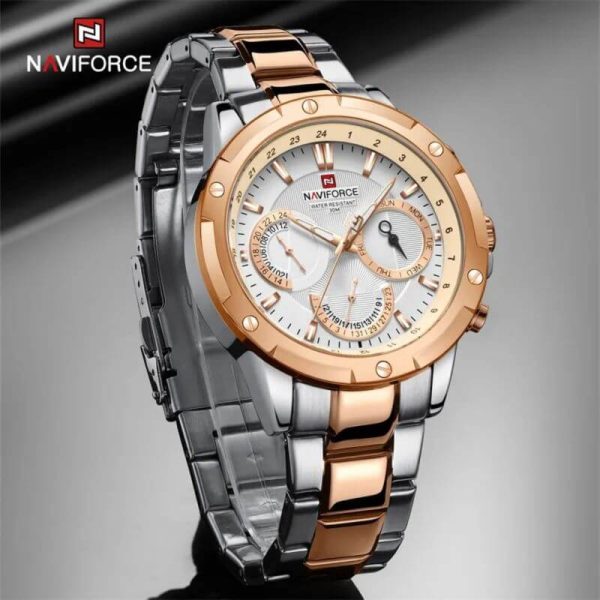 NAVIFORCE NF9196 Men's Quartz Stainless Steel Chronograph Complete Calendar Wristwatch - White/Rosegold - Image 3