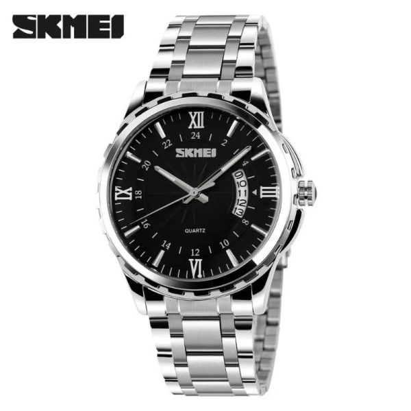 SKMEI 9069 Business Quartz Stainless Steel Roman Numeral Index Date Display Watch For Men - Silver/Black