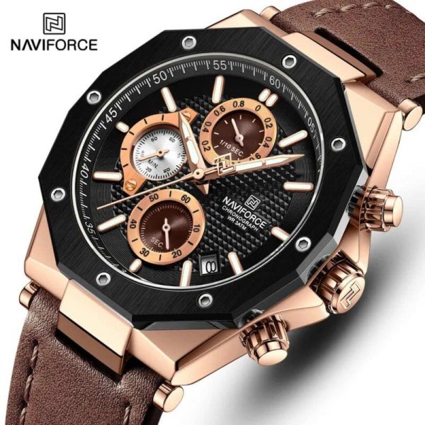 NaviForce NF8028 Men's Hexagon Dial Chronograph Complete Calendar Luminous Leather Strap Watch - Brown