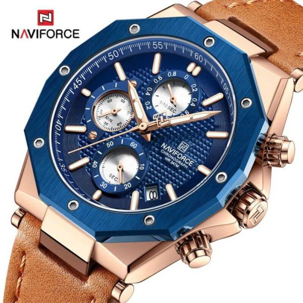 NaviForce NF8028 Men's Hexagon Dial Chronograph Complete Calendar Luminous Leather Strap Watch - Blue/Orange