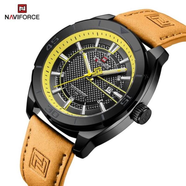 NaviForce NF9209 Fashion Sport Creative Design Date Display Luminous Leather Strap Quartz Watch For Men - Yellow