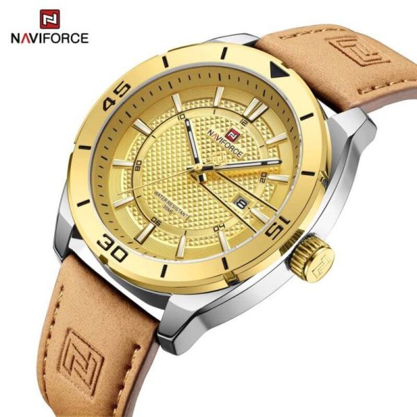 NaviForce NF9209 Fashion Sport Creative Design Date Display Luminous Leather Strap Quartz Watch For Men - Golden