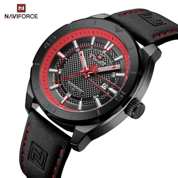 NaviForce NF9209 Fashion Sport Creative Design Date Display Luminous Leather Strap Quartz Watch For Men - Black/Red