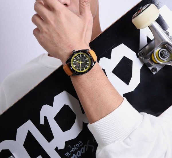 NaviForce NF9209 Fashion Sport Creative Design Date Display Luminous Leather Strap Quartz Watch For Men - Yellow - Image 2