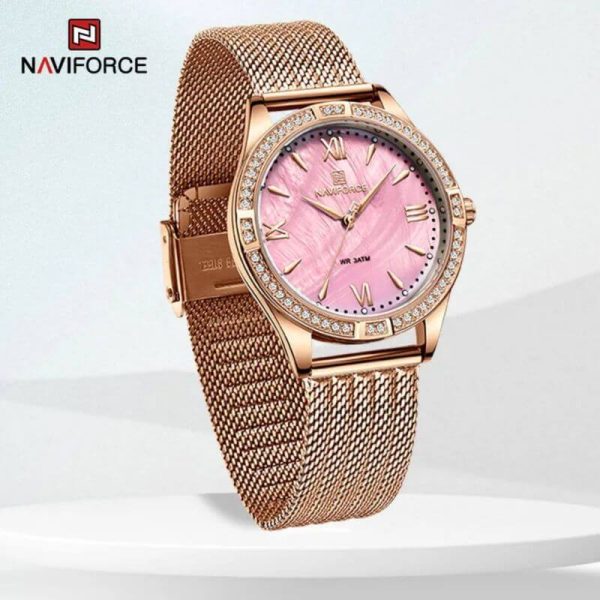 NaviForce NF5028 Women's Fashion Rhinestone Surrounded Roman Numeral Index Mesh Stainless Steel Quartz Watch - Rosegold/Pink - Image 3