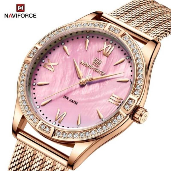 NaviForce NF5028 Women's Fashion Rhinestone Surrounded Roman Numeral Index Mesh Stainless Steel Quartz Watch - Rosegold/Pink