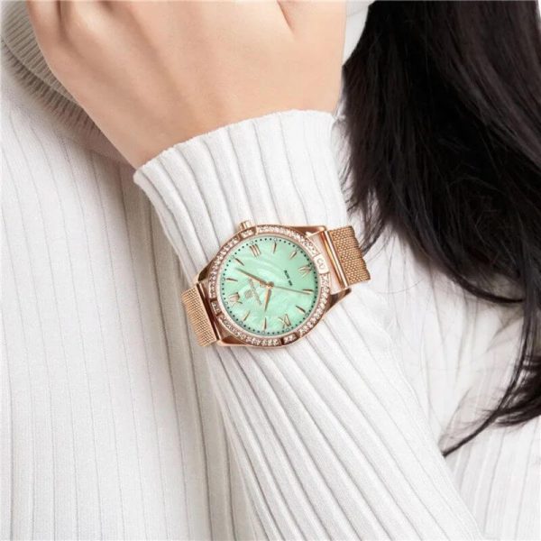 NaviForce NF5028 Women's Fashion Rhinestone Surrounded Roman Numeral Index Mesh Stainless Steel Quartz Watch - Rosegold/Green - Image 2